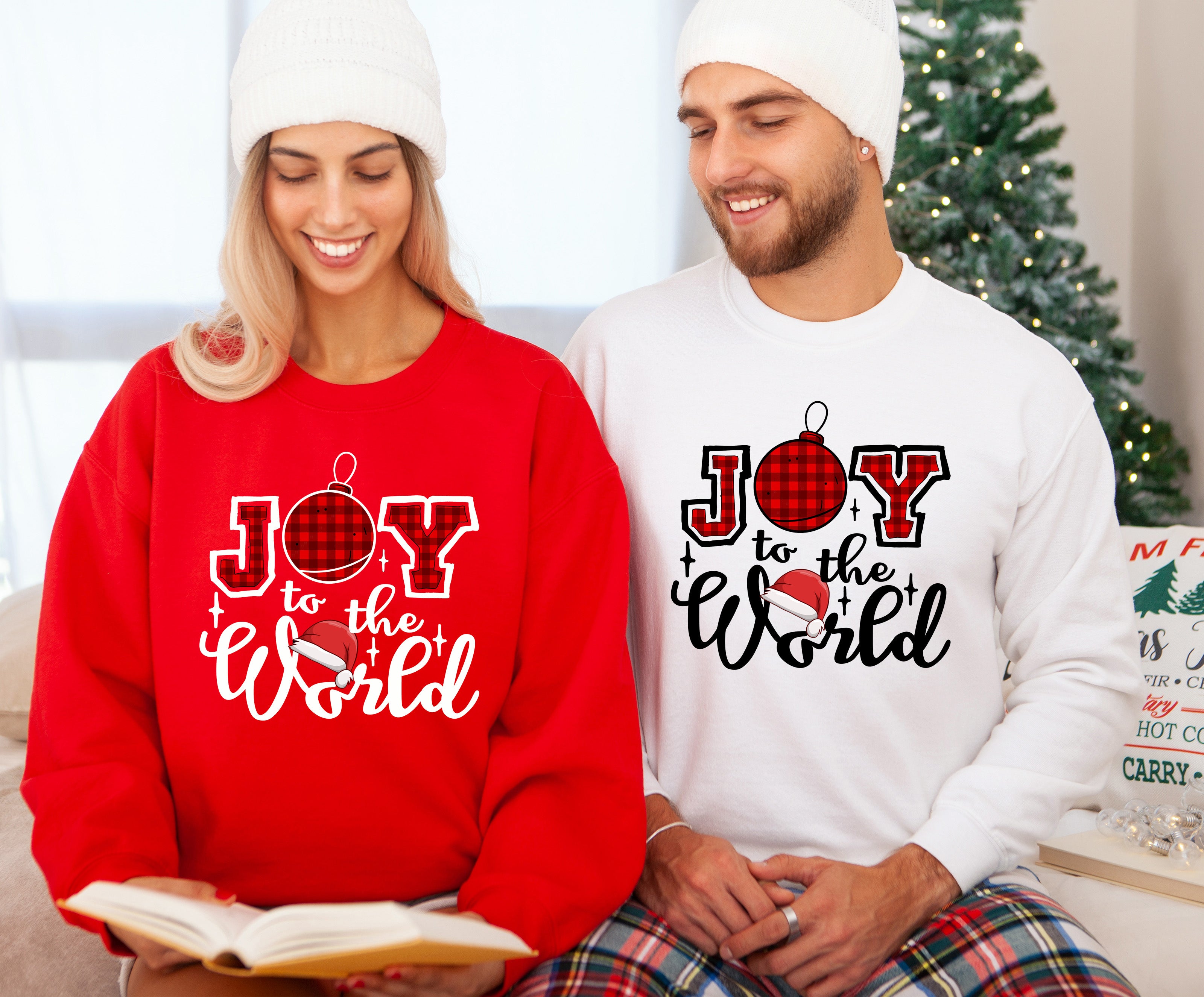 Joy to the World | Set 2024 of 2 RED W/ WHITE SWEATERS | Christmas Mommy and Me Shirts | Matching Shirts | Christmas Shirts